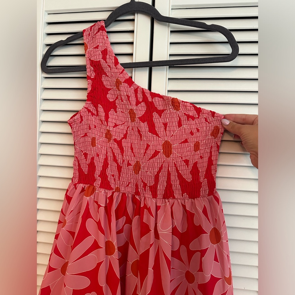Red dress with pink daisies. One shoulder midi dress